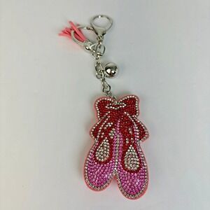 Sparkling Pink & Red Rhinestone Ballet Slipper Keychain Purse Charm Tassel Boho